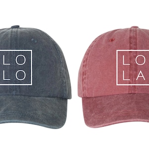 LOLO And LOLA Square Hats, Pigment Dyed Unstructured Cap, Pregnancy Announcement, Grandparents Hats, New Grandparents Gift, Lola, Lolo