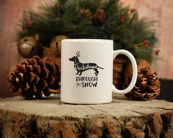 Reindeer Dachshund Through the Snow Coffee Mug, Christmas Mug, Dog Lover Mug, Holiday Mug, Christmas Gift, Dachshund, White Coffee Mug