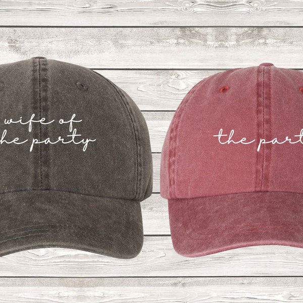 Bachelorette Hats, Wife of the Party SCRIPT Pigment Dyed Unstructured Baseball Cap, Wedding Hats, Bachelorette, bridal party, Wedding Shower