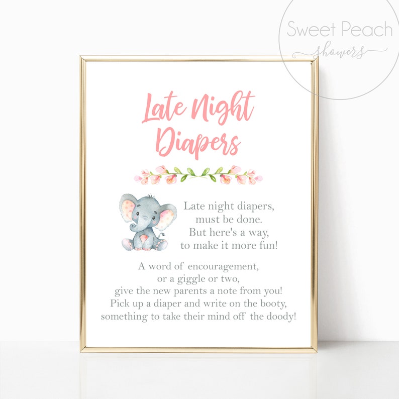 Late Night Diapers Baby Shower Game Elephant Girl Nursery Decor Animal Wall Art Prints Set Animal Print Little Girls Games Cards Elephants