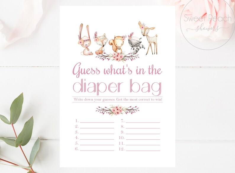 Baby Shower Game Guess What's in the Diaper Bag Woodland Etsy