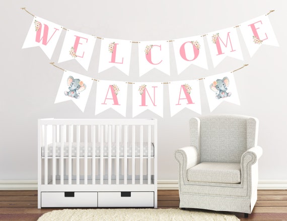 Name Custom Banner Girl Elephant Baby Shower Decor Pennants Nursery Bunting Banners Decoration Pennant Showers Welcome Girl Floral Flower Il_570xn