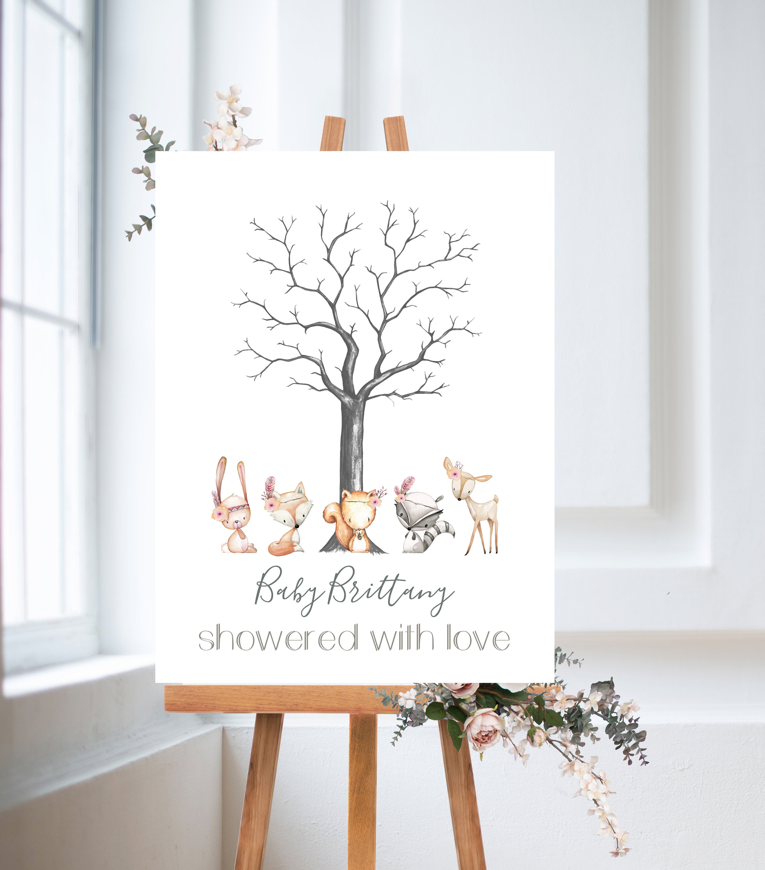 LARGE Woodland Fingerprint Tree Baby Shower Girl Guest Book Etsy