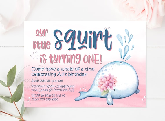 Whale Birthday Invitation 1st Birthday Party Girl Whale Theme Invite Turning One Printed Baby Beluga Inspired Parties Decor Euroflap Whales Il_570xn