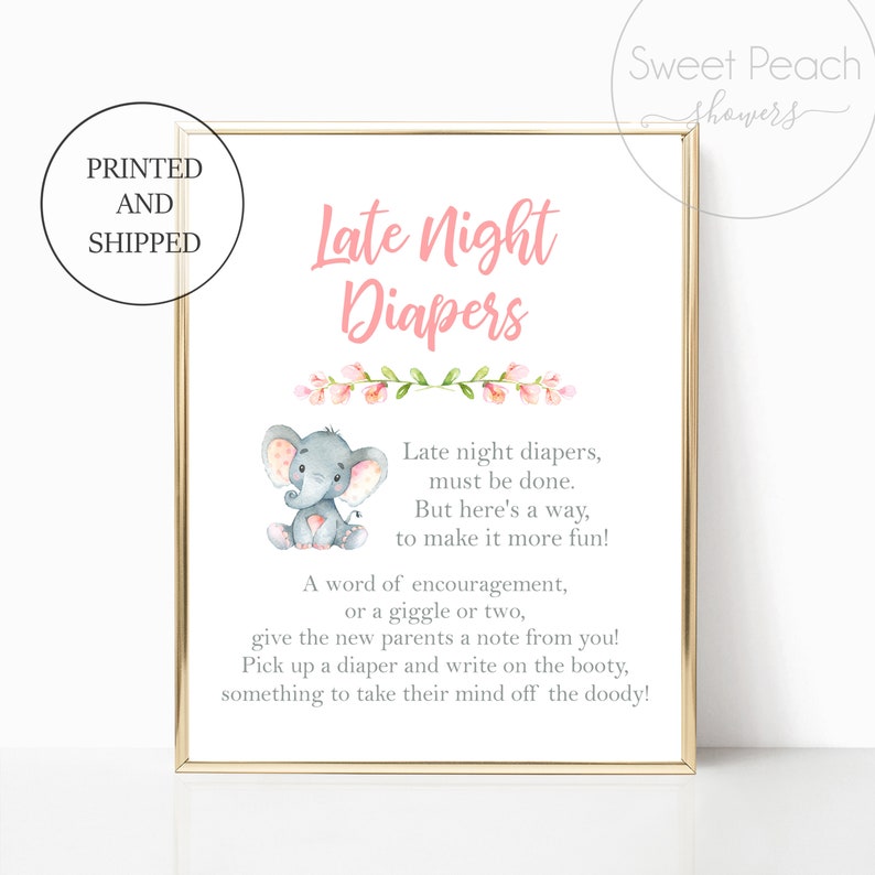 Late Night Diapers Baby Shower Game Elephant Girl Nursery Decor Animal Wall Art Prints Set Animal Print Little Girls Games Cards Elephants