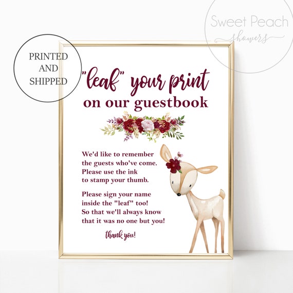 Maroon Fingerprint Tree INSTRUCTIONS Direction Sheet Woodland Baby Shower Guest Book Guestbook Printed Wall Art Girl Nursery Decor Sign Deer Il_570xn