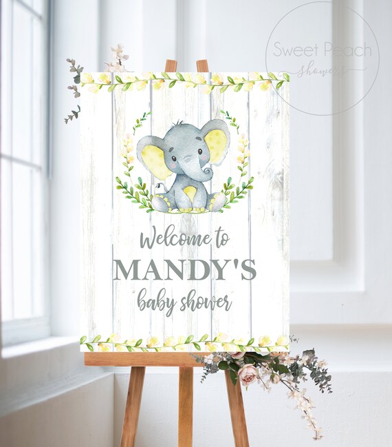 yellow and gray elephant baby shower decorations