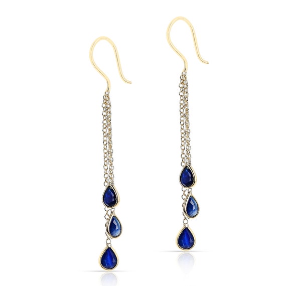 Blue Sapphire Pear Shape Dangling Earrings Made I… - image 1