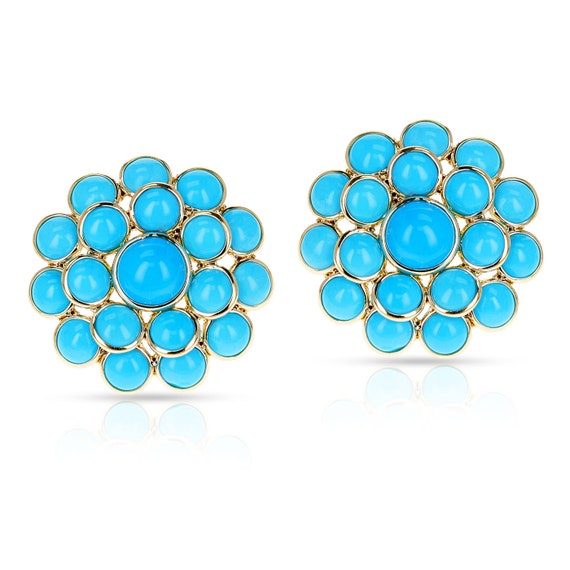 Turquoise Floral Cluster Earrings, 18 Karat Gold, 