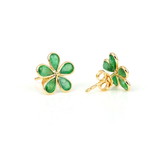 Pear Emerald Floral Earrings, 18k Yellow Gold, Em… - image 2