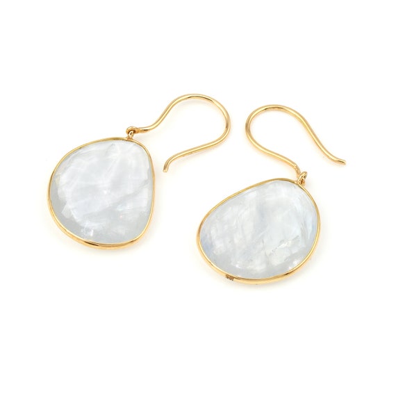White Rainbow Moonstone Earrings, 18k Yellow Gold… - image 3
