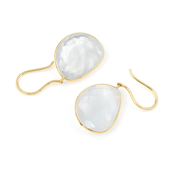 White Rainbow Moonstone Earrings, 18k Yellow Gold… - image 4