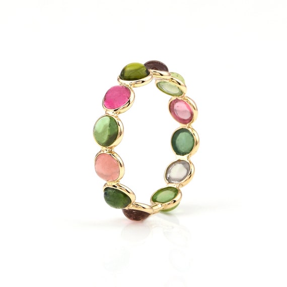 Single Line Round Tourmaline Cabochon Band, 18k Y… - image 3