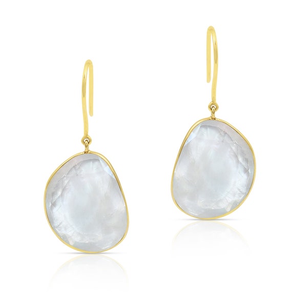 White Rainbow Moonstone Earrings, 18k Yellow Gold… - image 1