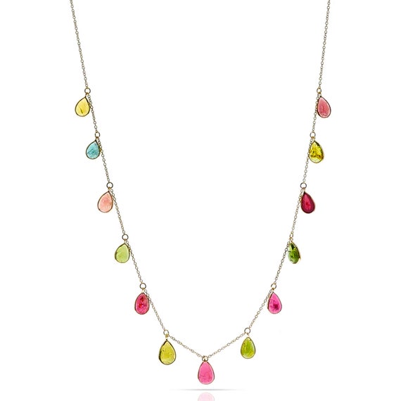 Mixed Color Tourmaline Drop Necklace, 18k Gold, M… - image 1