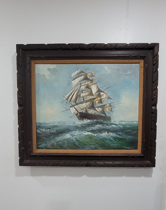Clipper Ship Nautical Oil Painting, Vintage Maritime Marine Wall