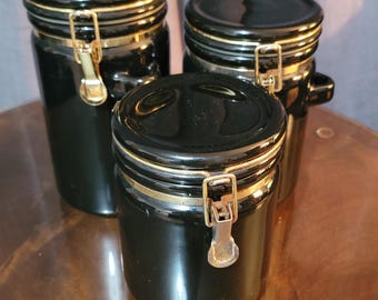 Set of 3 Black & Gold Ceramic Glass Kitchen Canisters Jars
