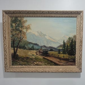 Antique Landscape Oil Painting, Pastoral Mountain Trees Landscape Wall Art, Framed