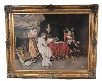 Antique Interior Scene Giclee on Canvas, Large Gold Frame