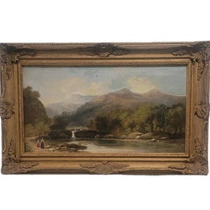 Antique European Pastoral Landscape Original Painting, Antique European Country Oil Painting, Gold Frame