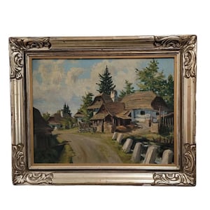 Antique Dutch Landscape Oil Painting, Rural Country Wall Art, Gold Frame