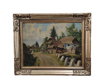 Antique Dutch Landscape Oil Painting, original rural country wall art, Gold Frame