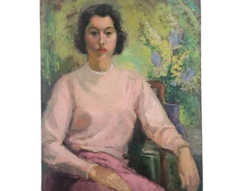 Large Maximalist woman portrait painting mid-century wall Art