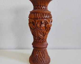 Vintage Wooden Hand Carved Vase Urn, Mid Century Wood Carved Sculpture, Table Top Decor