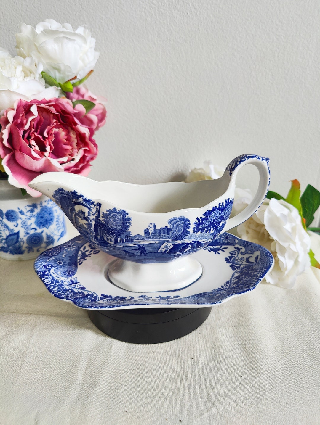 SPODE BLUE ITALIAN Gravy Boat and Under Plate, Vintage England Blue
