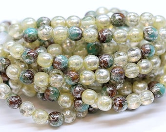 30 Ivory and Sea Green with Silver Picasso Round Pressed Glass Czech Beads 6mm 032-B