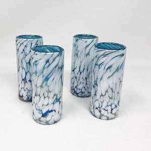 4 Hand Blown Shot Glasses - Blue Ice iridescent