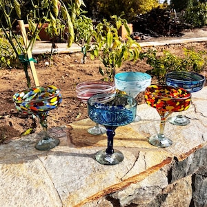 6 Hand Blown Margarita Glasses - Choose your Colors