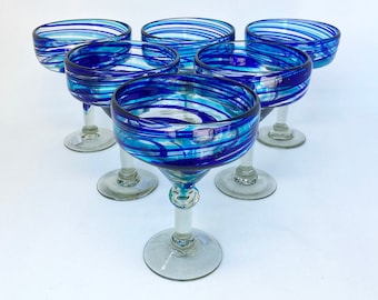6 Hand Blown Margarita Glasses - Turquoise/Blue Swirl