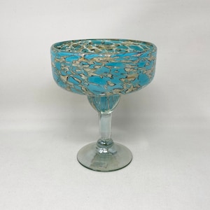 1 Hand Blown Margarita Glass - Teal/Tan Confetti