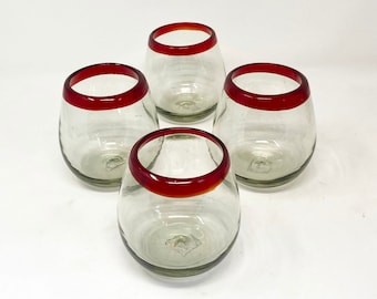 4 Stemless Wine Glasses -  Red Rim