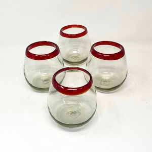 4 Stemless Wine Glasses -  Red Rim