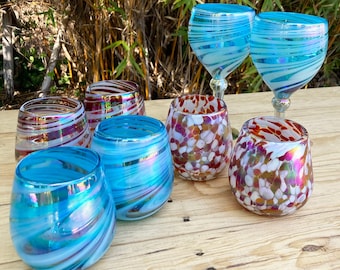 8 Hand Blown Wine Glasses - assorted collection with stemless