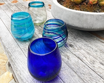 4 Hand Blown Stemless Wine Glasses -  Blue Swirls Collection