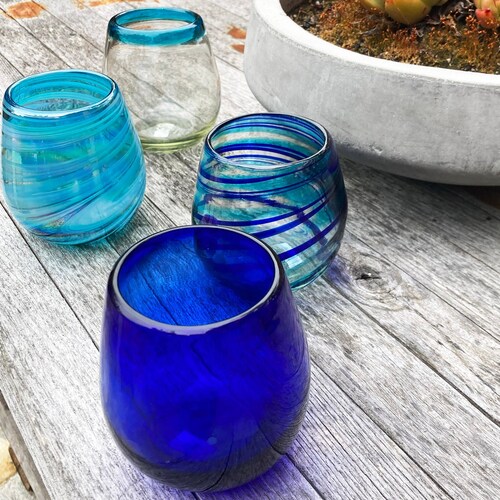 Hand Blown Glass Robins Egg Blue and Red Stemless Wine Glass Etsy