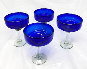 4 Hand Blown Margarita Glasses - Cobalt Blue