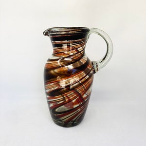 80 oz Hand Blown Glass Pitcher - Tall Curved Red/Chocolate Swirl