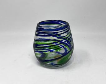1 Stemless Wine Glass - Blue / Green Swirl