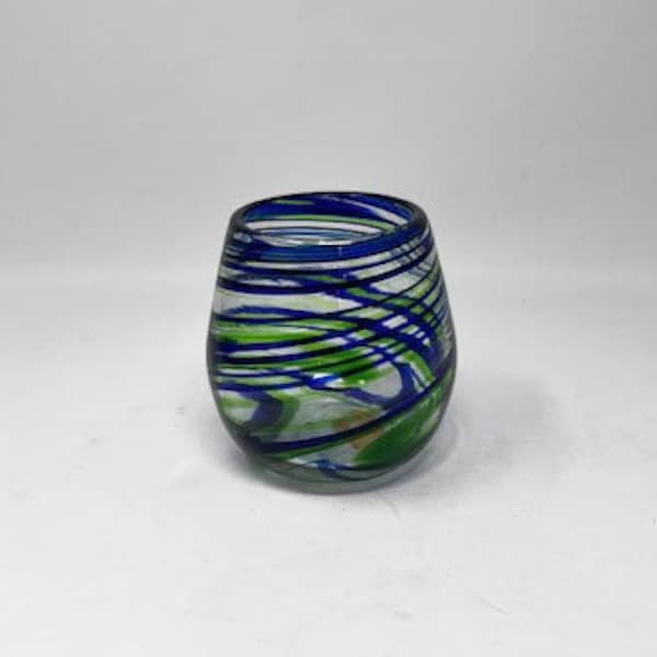 1 Stemless Wine Glass - Blue / Green Swirl