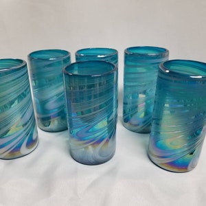 6 Hand Blown Water Glass - Turquoise/White Iridescent Swirl