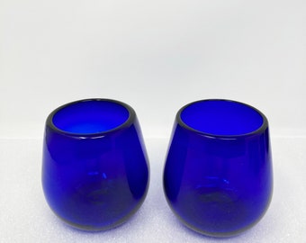2 Stemless Wine Glasses - Cobalt Blue