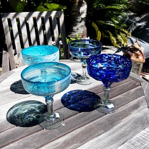 4 Hand Blown Margarita Glasses - Blue Color Selection