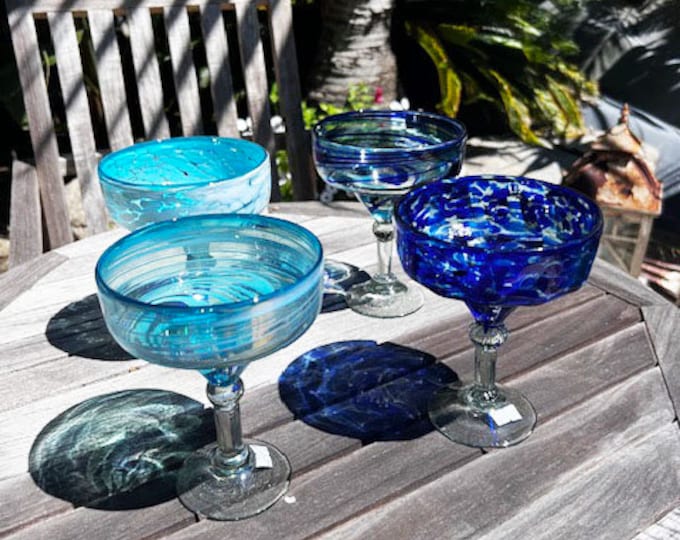 4 Hand Blown Margarita Glasses - Blue Color Selection