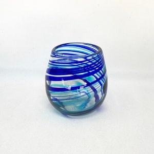 1 Hand Blown Stemless Wine Glass - Turquoise/Blue Swirl