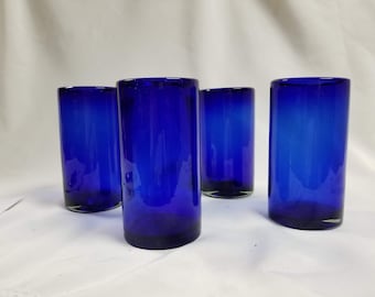 4 Hand Blown Water Glasses - Cobalt Blue