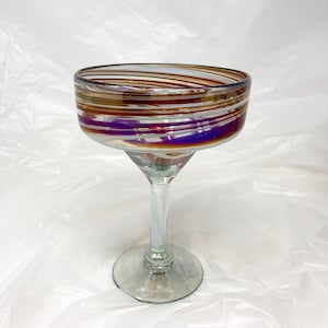 1 Hand Blown Margarita Glass - Red/White Iridescent Swirl